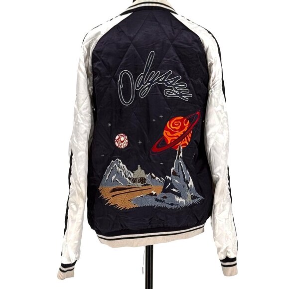 ASOS Satin Varsity Jacket Womens S Odyssey Embroidered Planets Mountains Bomber - Picture 1 of 8